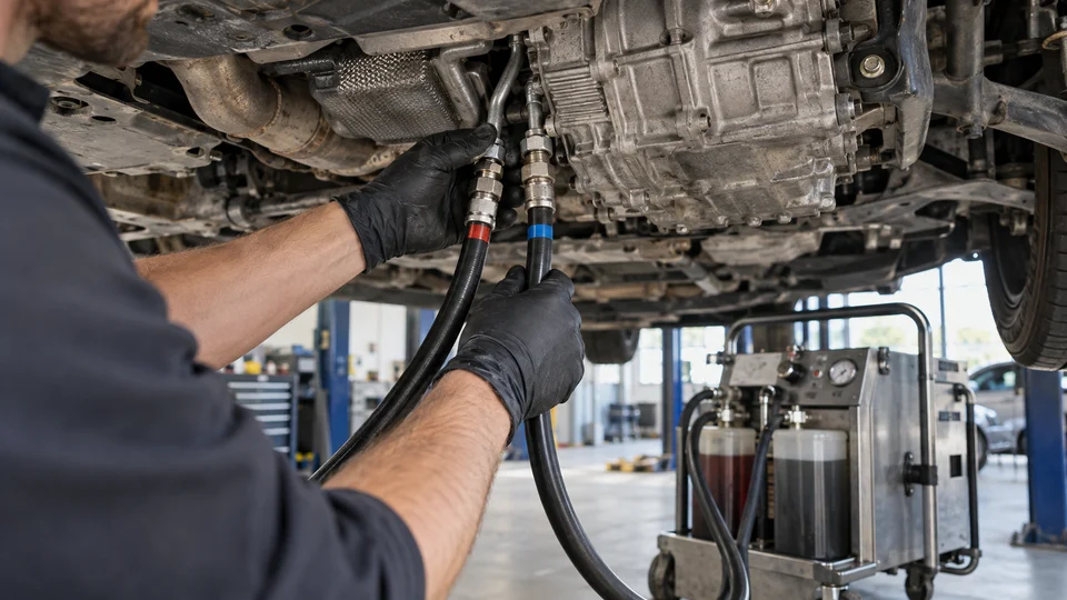 Illustratives Werkstattmotiv: Mechaniker schließt Spülschläuche am Automatikgetriebe an